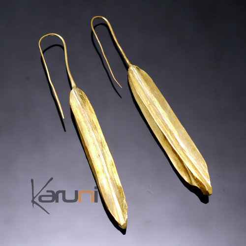 Boucles d'Oreilles Peul Fulani Mali 25 Bronze Doré Feuille Droite