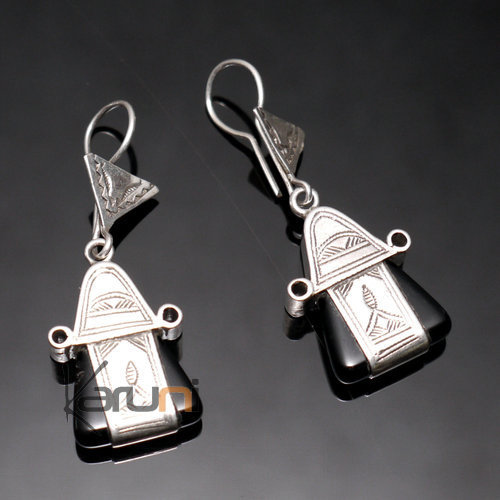 Bijoux Touareg Ethniques Boucles d'Oreilles en Argent et Pierre 102 Onyx Noir Tte de Desse Design Triangle