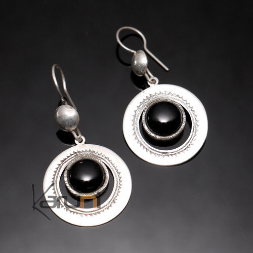 Bijoux Touareg Ethniques Boucles d'Oreilles en Argent et Pierre 09 Rond Creux Onyx