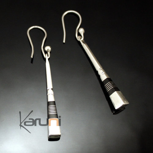 Bijoux Touareg Ethniques Boucles d'Oreilles en Argent et Ebne Massues 46 Attaches Carres Lisses Graves
