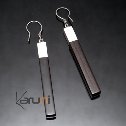 Bijoux Ethniques Touareg Boucles d'Oreilles en Argent et Ebne 32 Pilons Rectangle Inspiration Karuni