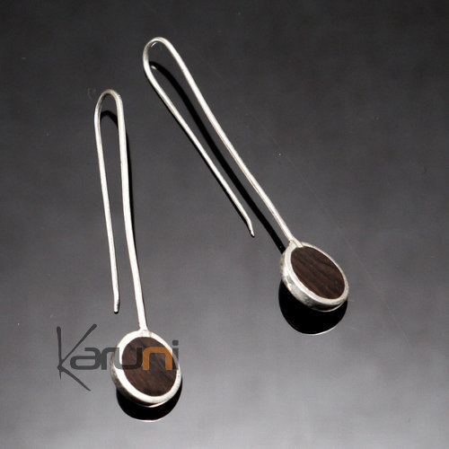 Boucles d'Oreilles en Argent et Ebène 19 Fines Tige Rond Design