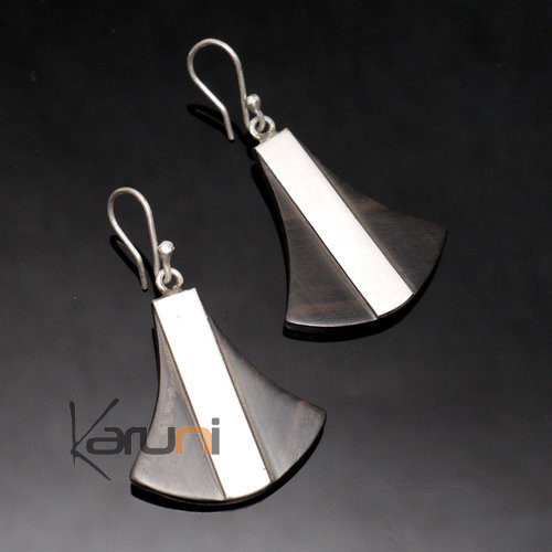 Boucles d'Oreilles en Argent et Ebène 74 Shat-Shat Design Lisses Bande Verticale