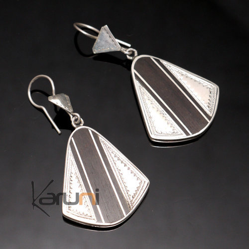 Bijoux Ethniques Touareg Boucles d'Oreilles en Argent et Ebne 21 Ptale Grav Bande Verticale