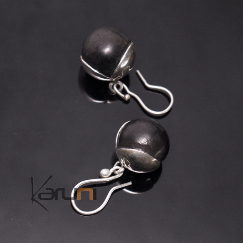 Bijoux Touareg Ethniques Boucles d'Oreilles en Argent Boules Pommes Ebène Inspiration Karuni