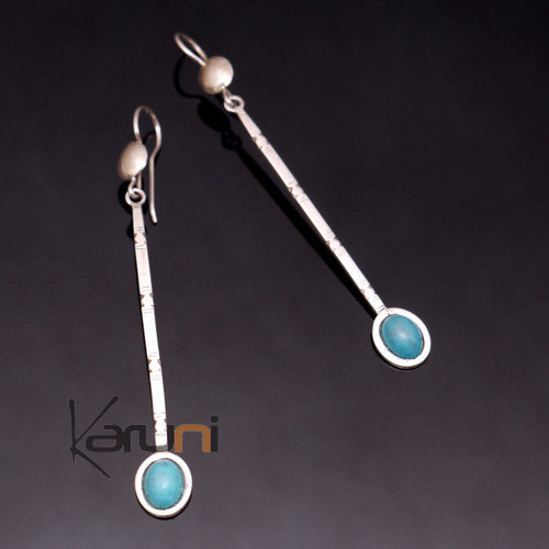 Bijoux Touareg Ethniques Boucles d'Oreilles en Argent Longues Tige Cabochon Turquoise 02