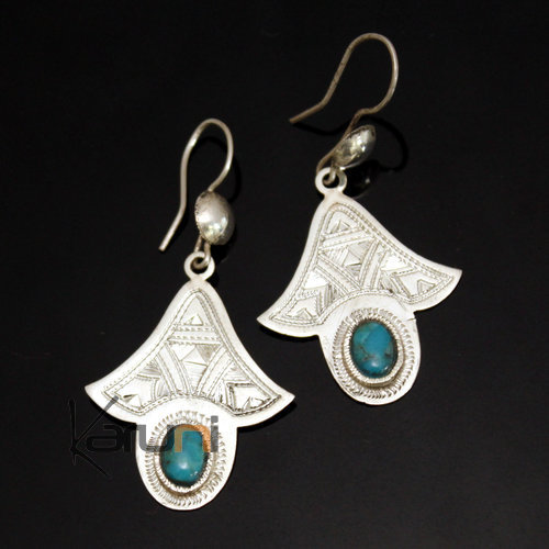 Boucles d'Oreilles en Argent et Pierre 18 Gravées Turquoise Lys