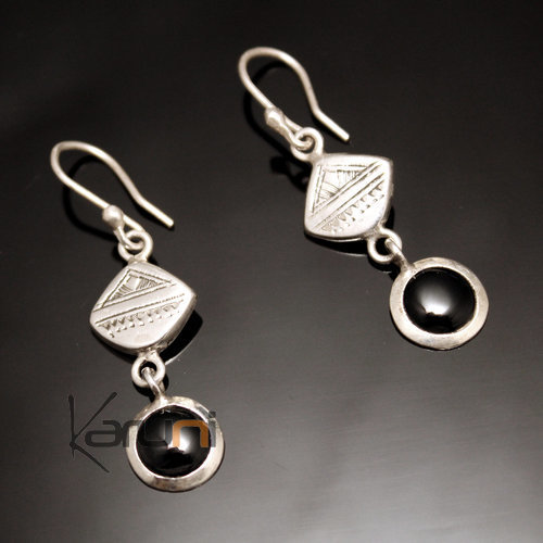 Boucles d'Oreilles en Argent et Pierre 05 Onyx Noir Pendant Losange Rond