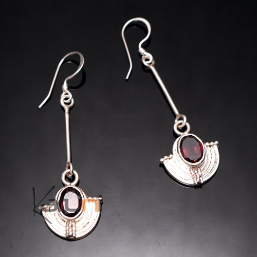 Bijoux Ethniques Indiens Boucles d'oreilles en Argent 925 33 Longues Eventail Art Deco Grenat Rouge Npal