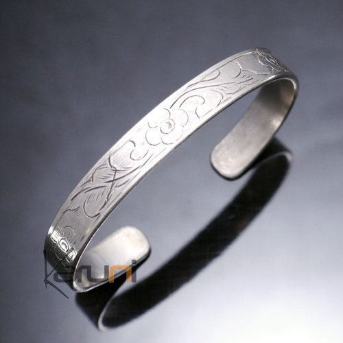 Bracelet Jonc en Laiton Homme/Femme Nepal 15 Plat Gravé Fleurs