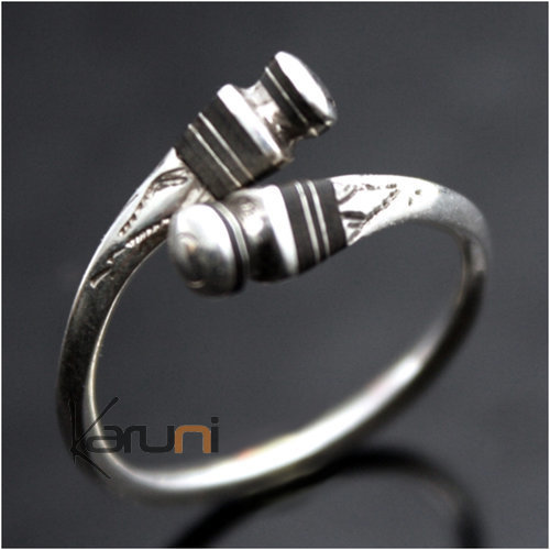 Bijoux Touareg Ethniques Bague Argent et bne rglable croise clou carr boule - KARUNI