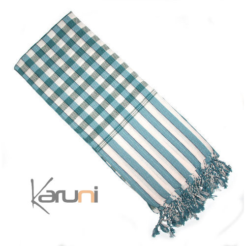 Krama Cheche Foulard Echarpe Coton Homme/Femme Cambodge Bassac Sarany Shop Grands Carreaux Bleu Vert Canard/Blanc 170x60 cm