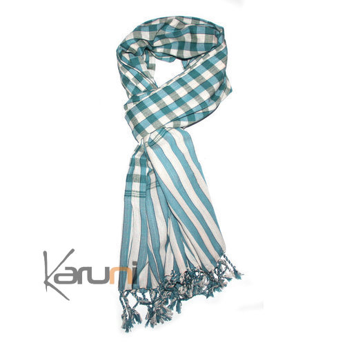 Krama Cheche Foulard Echarpe Coton Homme/Femme Cambodge Bassac Sarany Shop Grands Carreaux Bleu Vert Canard/Blanc 170x60 cm