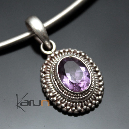 Bijoux Indiens Ethniques Pendentif Argent Massif 925 Nepal 25 Ovale Filigranes Amthyste Newar