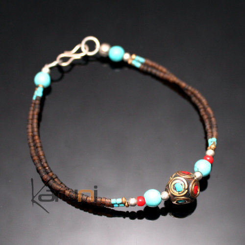 Bijoux Ethniques Indiens Népal Bracelet Perles Népalais Plaqué Argent Babu 03 Turquoise Racine de Corail