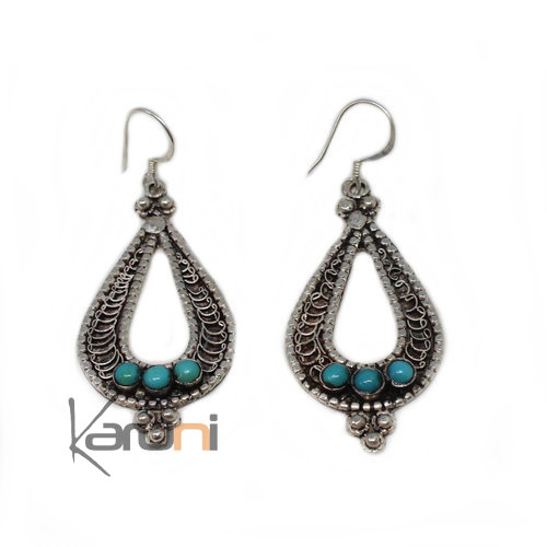 Boucles d'oreilles en Argent 925 34 Ankit Goutte Filigranes Turquoise Corail Rouge  Newar