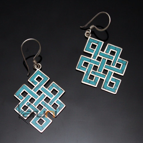 Bijoux Ethniques Indiens Boucles d'oreilles en Argent 925 60 Grand Noeud Tibtain Turquoise Npal Newar