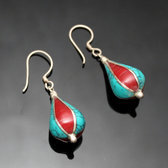 Bijoux Ethniques Indiens Boucles d'oreilles en Argent 925 05 Goutte Cloisonne Turquoise Corail Rouge Tibtain Npal