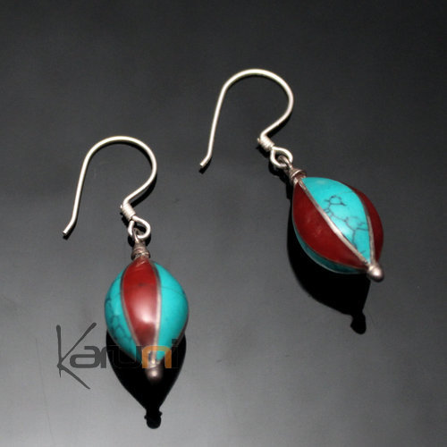 Bijoux Ethniques Indiens Boucles d'oreilles en Argent 925 18 Fuseau Cloisonné Turquoise Corail Rouge Tibétain Népal