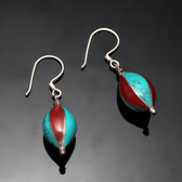 Bijoux Ethniques Indiens Boucles d'oreilles en Argent 925 18 Fuseau Cloisonné Turquoise Corail Rouge Tibétain Népal