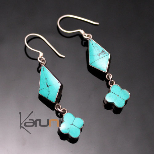 Bijoux Ethniques Indiens Boucles d'oreilles en Argent 925 69 Cloisonn Pendant Fleur Turquoise Tibtain Npal