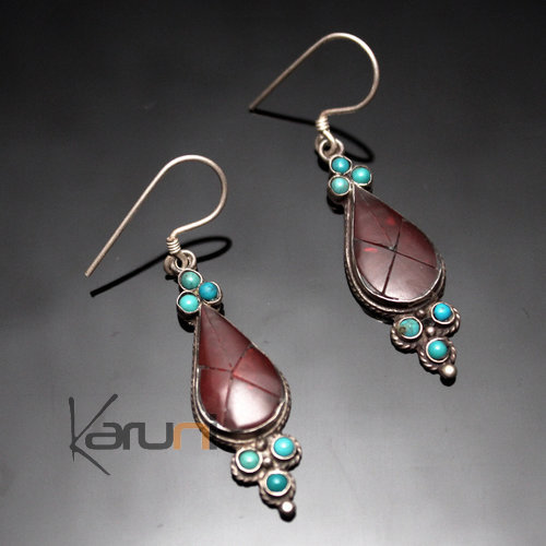 Bijoux Ethniques Indiens Boucles d'oreilles en Argent 925 77 Cloisonn Pendant Goutte Corail Rouge Turquoise Tibtain Npal