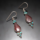 Bijoux Ethniques Indiens Boucles d'oreilles en Argent 925 77 Cloisonn Pendant Goutte Corail Rouge Turquoise Tibtain Npal