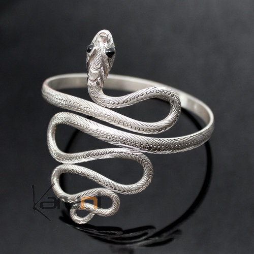 Bijoux Ethniques Indiens Bracelet en Argent Massif 925 Nepal 15 Serpent Yeux Onyx 6,5 cm