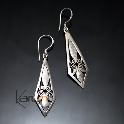 Bijoux Ethniques Indiens Boucles d'oreilles en Argent 925 35 Ankit Gouttes Losange Long Ajoures Npal Newari