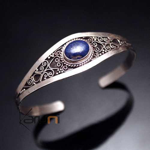 Bracelet en Argent Massif 925 Nepal 04 Jonc Lapis-Lazuli Filigranes Newari
