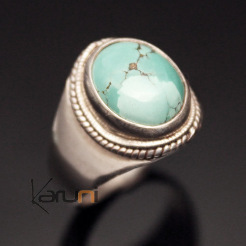 Bague en Argent Massif 925 Nepal 13 Chevalière Homme/Femme Turquoise Filigranes