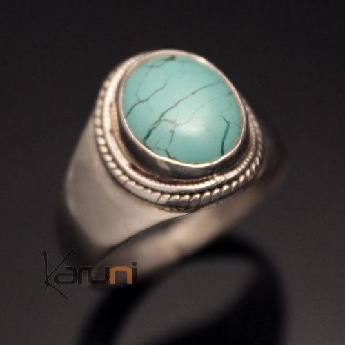 Bijoux Ethniques Indiens Bague en Argent Massif 925 Nepal 59 Chevalière Turquoise Homme-Femme