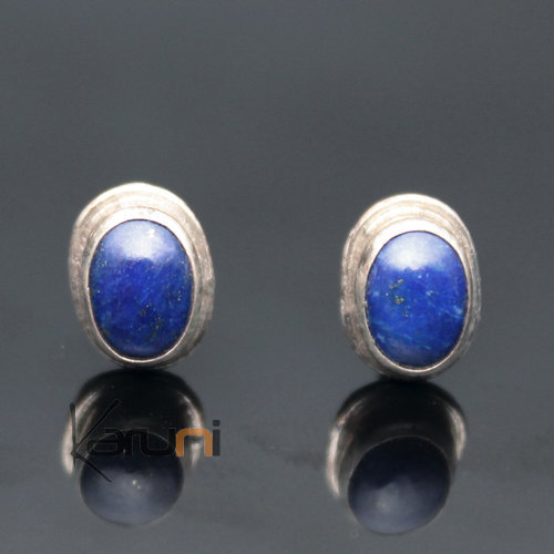 Bijoux Ethniques Indiens Boucles d'oreilles en Argent 925 81 Clous Ovales Lapis-Lazuli Népal