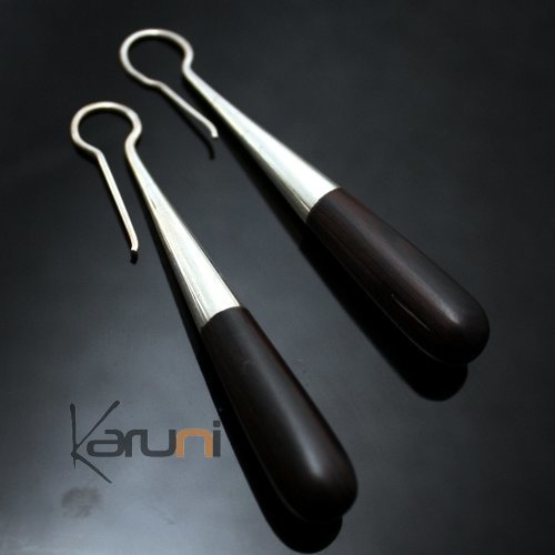 Bijoux Touareg Ethniques Boucles d'Oreilles en Argent et Ebne Massues 17 Design Karuni Gouttes Sombres