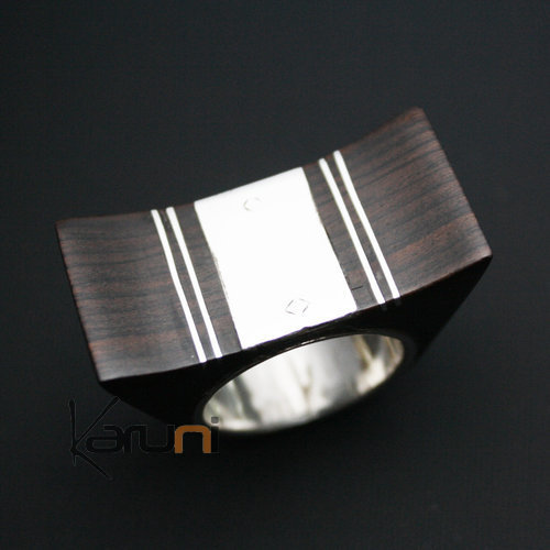 Bijoux Touareg Ethniques Bague Argent en Bois Ebne Rectangle 14 - KARUNI