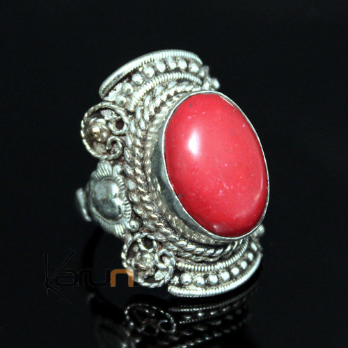 Bijoux Ethniques Indiens Npal Bague Racine de Corail Npalais Plaqu Argent Ronde Maharajan 03