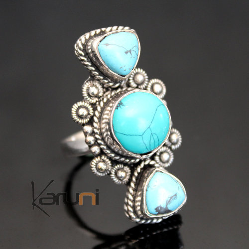 Bijoux Ethniques Indiens Npal Bague Turquoise Npalais Plaqu Argent Longue Pravina 02