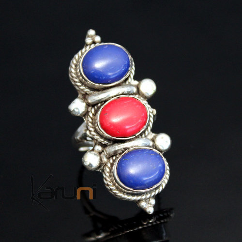 Bague Lapis-Lazuli Racine de Corail ais Plaqué Argent Longue Asmita 10