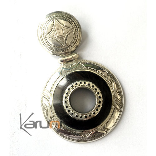 Collier Pendentif en Argent et Ebène 04 Rond Gravé