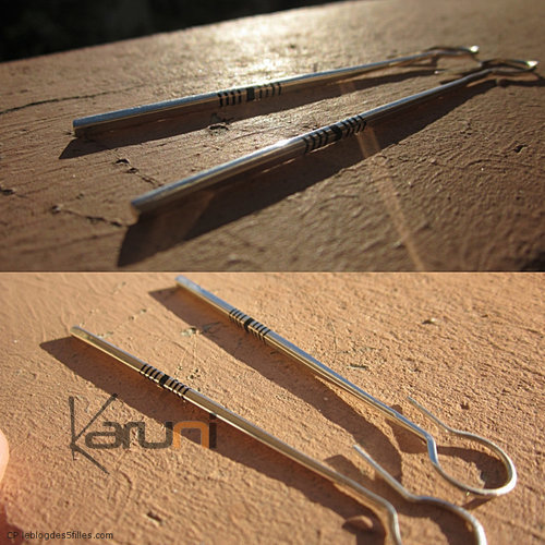 Bijoux Touareg Ethniques Boucles d'Oreilles en Argent et Ebne Massues 14 Fines Carres Lisses b