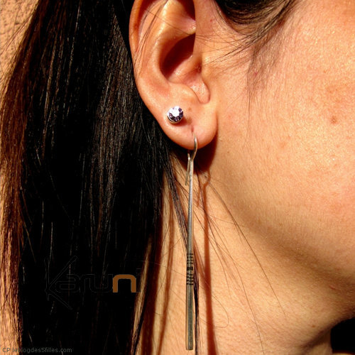 Bijoux Touareg Ethniques Boucles d'Oreilles en Argent et Ebne Massues 14 Fines Carres Lisses c