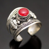 Bijoux Ethniques Indiens Bague Large en Plaqu Argent Pierre Agate Rouge Homme/Femme Rglable Npal Newar  b