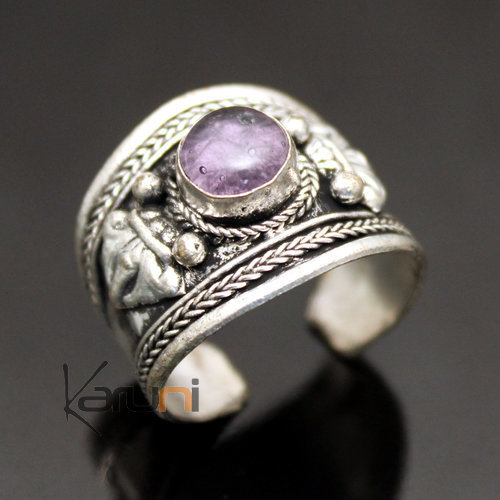 Bague Large en laiton argente Pierre Améthyste Violet Homme/Femme Réglable  Newar 23