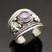 Bijoux Ethniques Indiens Bague Large en Plaqu Argent Pierre Amthyste Violet Homme/Femme Rglable Npal Newar  b