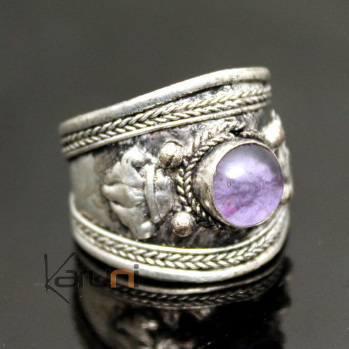 Bijoux Ethniques Indiens Bague Large en Plaqu Argent Pierre Amthyste Violet Homme/Femme Rglable Npal Newar 