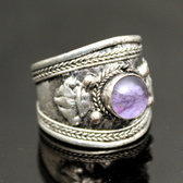 Bijoux Ethniques Indiens Bague Large en Plaqu Argent Pierre Amthyste Violet Homme/Femme Rglable Npal Newar 