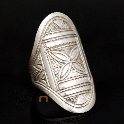 Bijoux Touareg Ethniques Bague en Argent Navette Grave 18