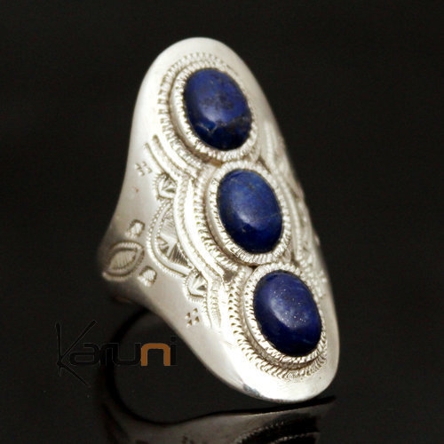 Bijoux Touareg Ethniques Bague en Argent Navette Grave 41 Longue 3 Pierres Lapis-Lazuli Bleu