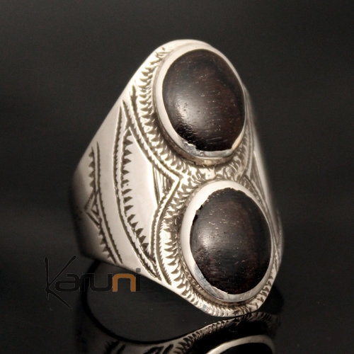 Bijoux Touareg Ethniques Bague Argent Navette Gravée 2 Ovales Ebène 42