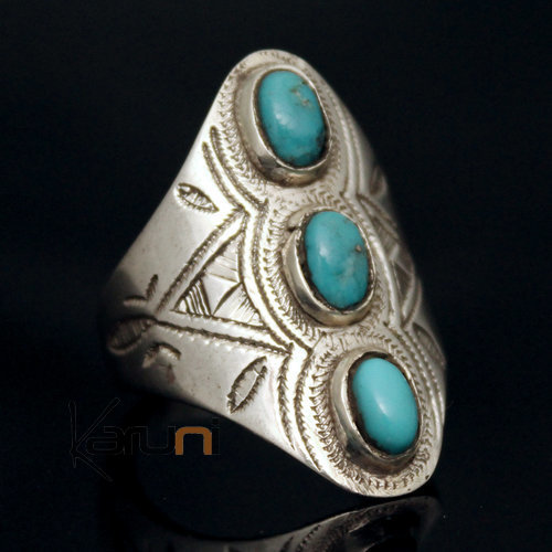 Bague en Argent Navette Gravée 44 - 3 Pierres Turquoise